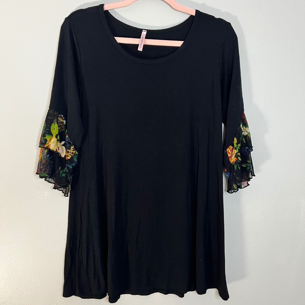 Cool Melon Women's Black Tunic Top with floral ruffle sleeves. Dressy Blouse‎